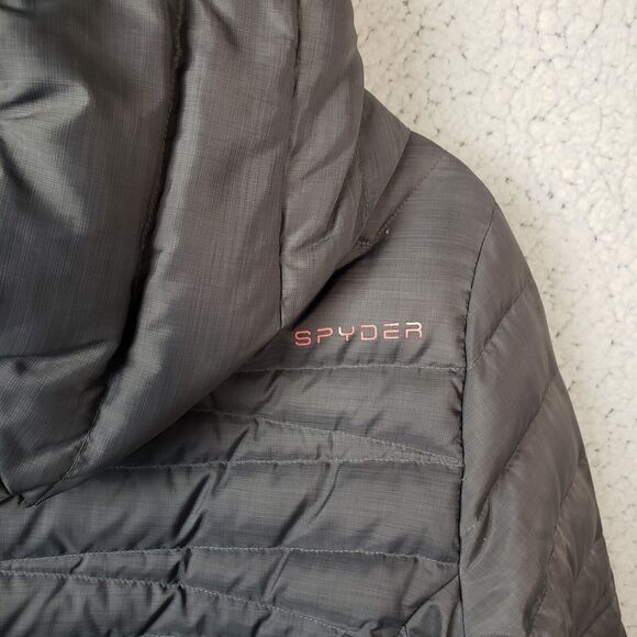 Spyder Down Puffer Jacket Womens M Gray Pink Hooded Zip Winter Ski Luxe 38x26 - Picture 8 of 14
